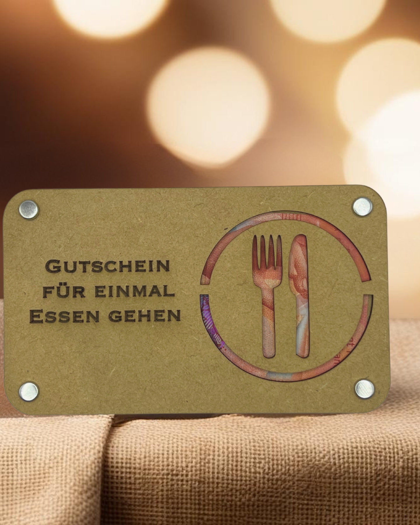 Essen gehen Holz Geschenkkarte