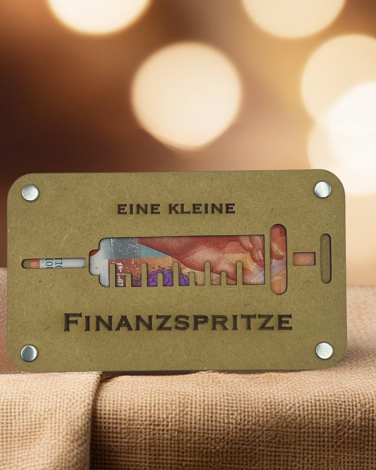 Finanzspritze Holz Geschenkkarte