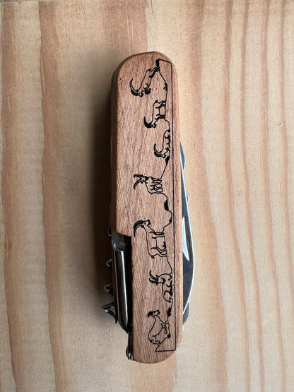 Taschenmesser mit Steinbock-Gravur & Holzgriff