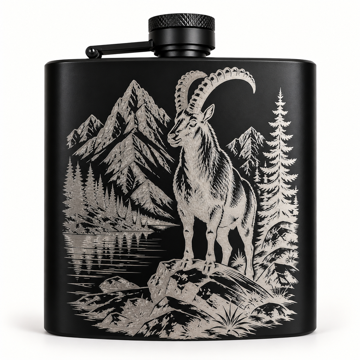 Flachmann mit Steinbock-Gravur – Schweizer Bergwelt