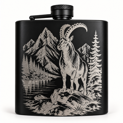 Flachmann mit Steinbock-Gravur – Schweizer Bergwelt